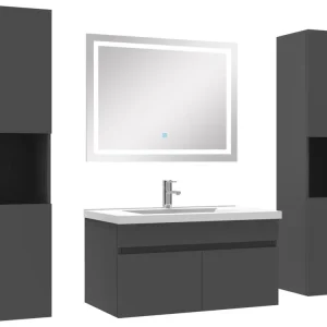 Ensemble meubles Salle de Bain 80cm vasque + colonnex2 + miroir lumineux Anthracite | Économie d'Eau | Haute Pression