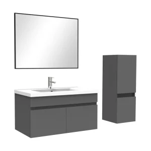 Ensemble Salle De Bain 80cm Anthracite meuble + miroir + colonne + basique vasque, Aica Installation Rapide