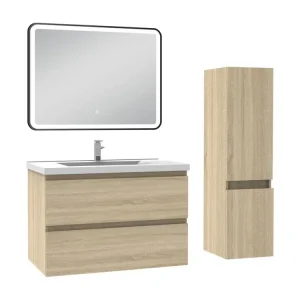 Meuble salle de Bain 80cm basique vasque avec colonne + miroir 3 couleurs Chêne Wotan