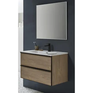 Meuble de salle de bain avec avec 2 tiroirs suspendus couleur chêne Nordique avec plan moulé + miroir- Longueur 80 x Haute...