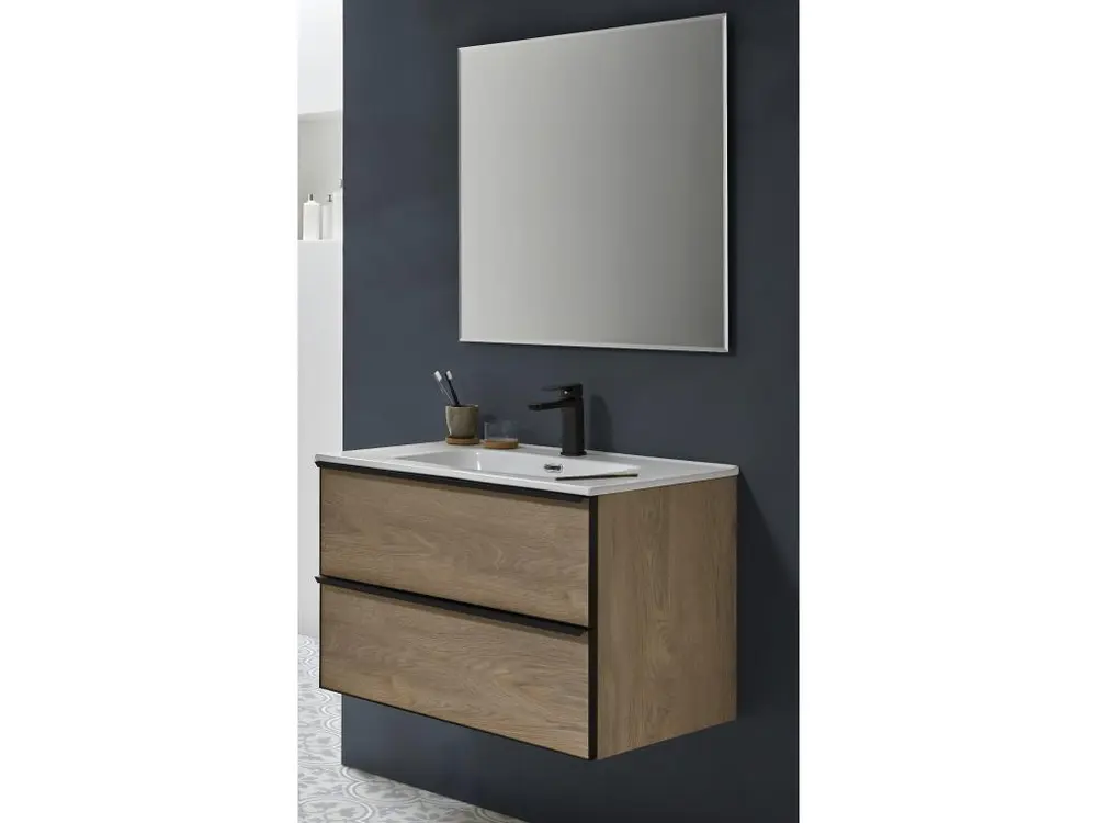 Meuble de salle de bain avec avec 2 tiroirs suspendus couleur chêne Nordique avec plan moulé + miroir- Longueur 80 x Haute...