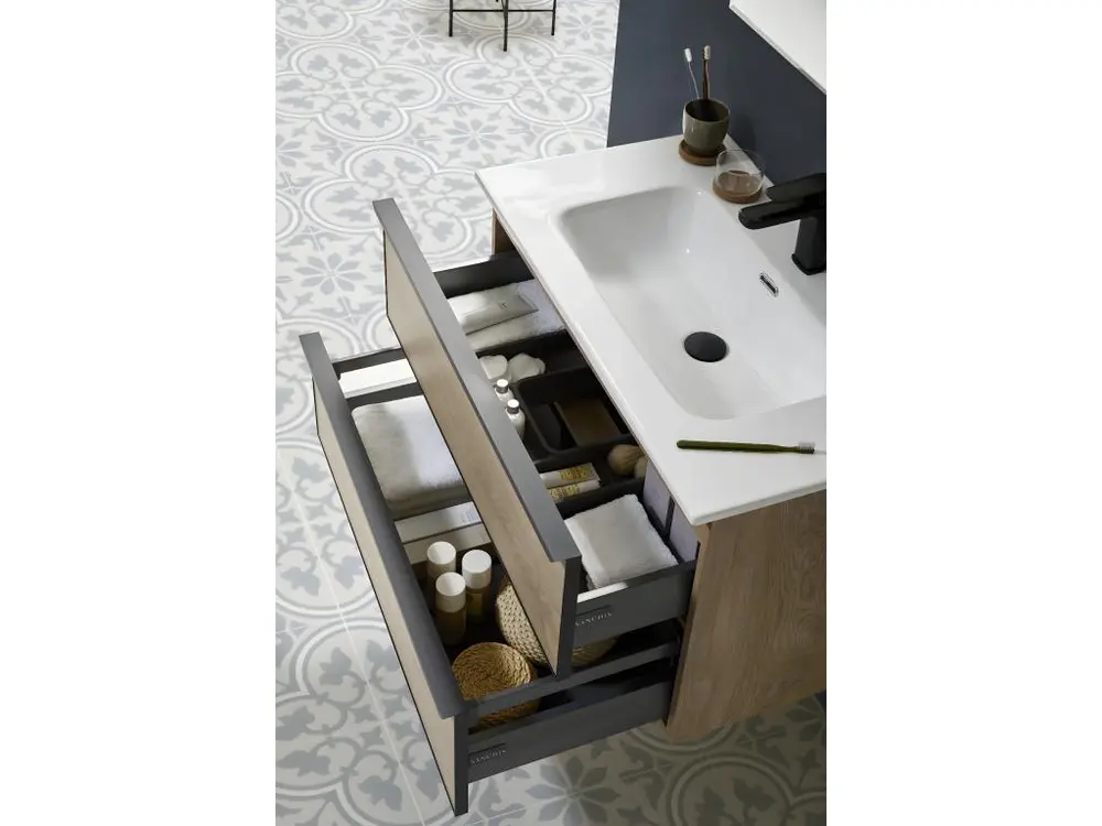 Meuble de salle de bain avec avec 2 tiroirs suspendus couleur chêne Nordique avec plan moulé + miroir- Longueur 80 x Haute...