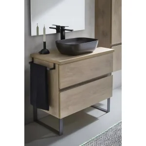 Meuble de salle de bain avec 2 tiroirs couleur chêne nordique + vasque à poser + miroir - Longueur 80 x Hauteur 87,5 x Pro...