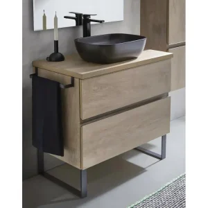 Meuble de salle de bain avec 2 tiroirs couleur chêne nordique + vasque à poser - Longueur 80 x Hauteur 87,5 x Profondeur 4...