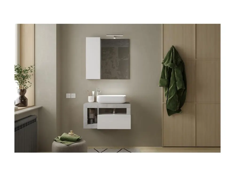 Meuble de salle de bain suspendu avec vasque et 1 tiroir, longueur 79cm, collection BURA, coloris blanc brillant et béton...