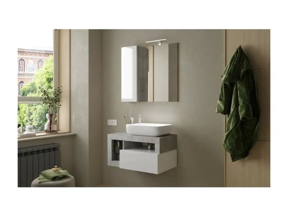 Meuble de salle de bain suspendu avec vasque et 1 tiroir, longueur 79cm, collection BURA, coloris blanc brillant et béton...