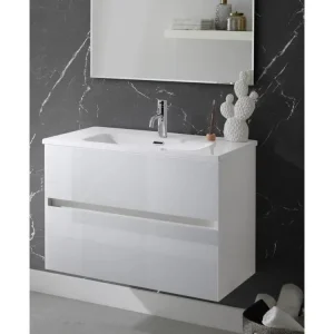 Mitigeur de douche Meuble de salle de bain coloris blanc avec vasque moulée en céramique - Longueur 100 x Profondeur 46 x...