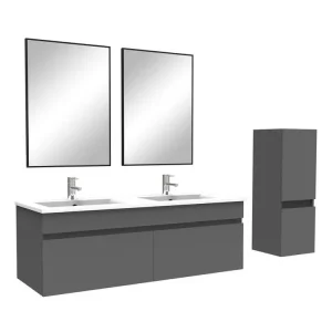 Robinet de baignoire Ensemble Salle De Bain 120cm Anthracite meuble + miroir + colonne + duo vasque, Aica