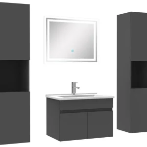 Robinet cascade Ensemble meubles Salle de Bain accessible vasque 60cm, colonnex2 et miroir Anthracite