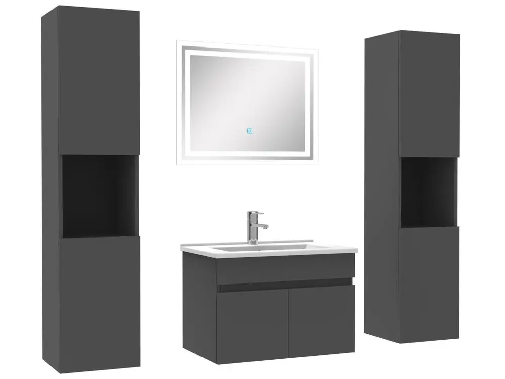 Robinet cascade Ensemble meubles Salle de Bain accessible vasque 60cm, colonnex2 et miroir Anthracite