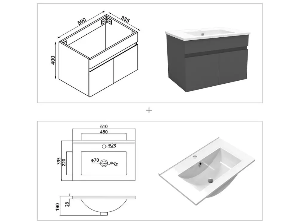 Robinet cascade Ensemble meubles Salle de Bain accessible vasque 60cm, colonnex2 et miroir Anthracite