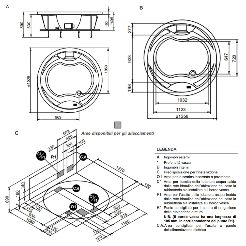 Robinet à détection Vasca idromassaggio Lizzy ronde avec robinetterie et cascade encastrée diam. cm 150