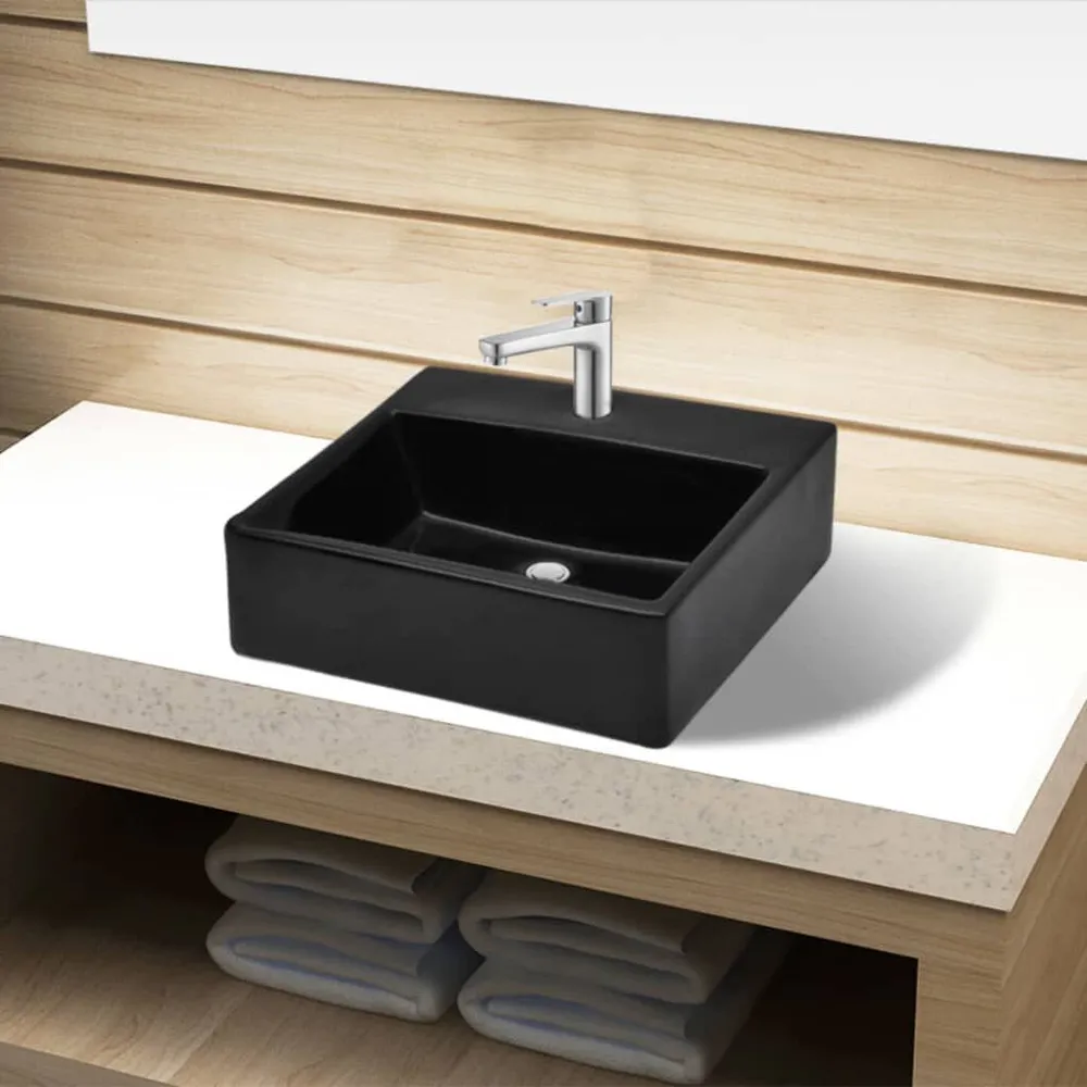 Robinet de lavabo Vasque rectangulaire à trou Noir en céramique pour salle de bain