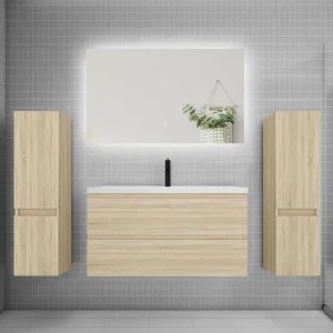 Robinet thermostatique Ensemble meuble vasque L.100cm 2 tiroirs + lavabo + colonne + miroir 100cm,chêne