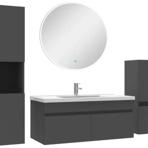 Robinet thermostatique Meubles minimaliste vasque 100cm,meuble acve colonne et miroir rond Anthracite