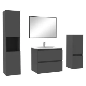 Étanche IPX4 Ensemble meubles Salle de Bain 60cm aisé vasque + colonne + miroir mural Anthracite