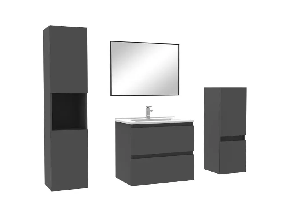 Étanche IPX4 Ensemble meubles Salle de Bain 60cm aisé vasque + colonne + miroir mural Anthracite