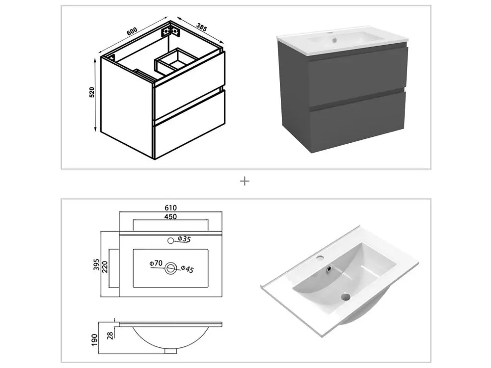 Étanche IPX4 Ensemble meubles Salle de Bain 60cm aisé vasque + colonne + miroir mural Anthracite