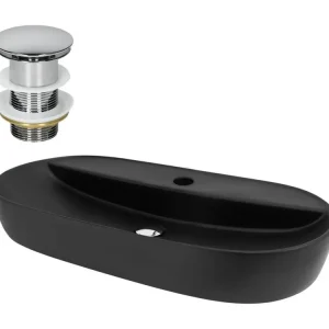 Vasque à poser céramique noir lavabo avec garniture de vidage acier chromé 800x400 mm