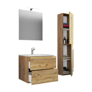 VCM 4-pièces lavabo meuble de salle de bains ensemble lavabo Badinos tiroir miroir (chêne miel|60)