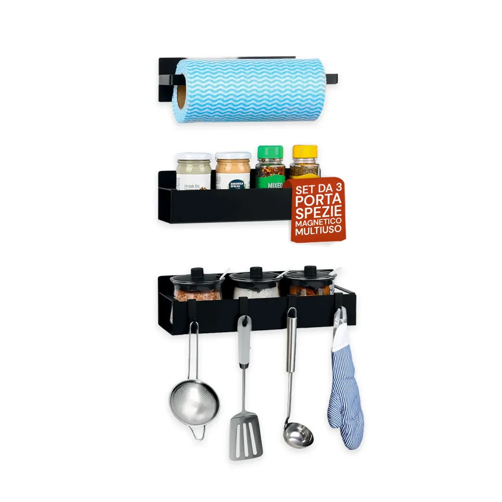 Organisation Optimisée Set 3 Organizer Magnetico Cucina: Porta Spezie, Barattoli e Porta Rotolo Senza Fori