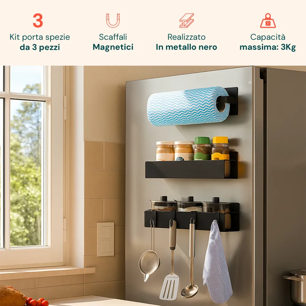 Organisation Optimisée Set 3 Organizer Magnetico Cucina: Porta Spezie, Barattoli e Porta Rotolo Senza Fori