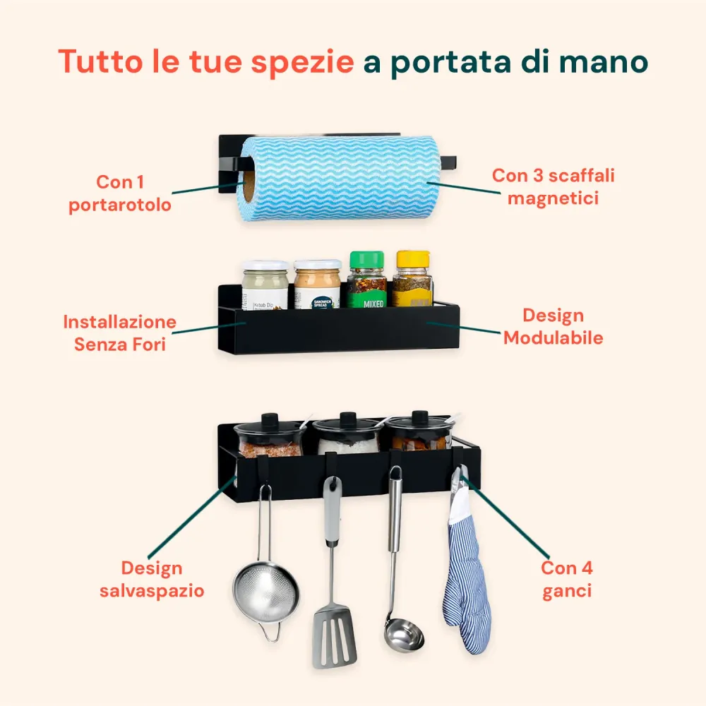Organisation Optimisée Set 3 Organizer Magnetico Cucina: Porta Spezie, Barattoli e Porta Rotolo Senza Fori