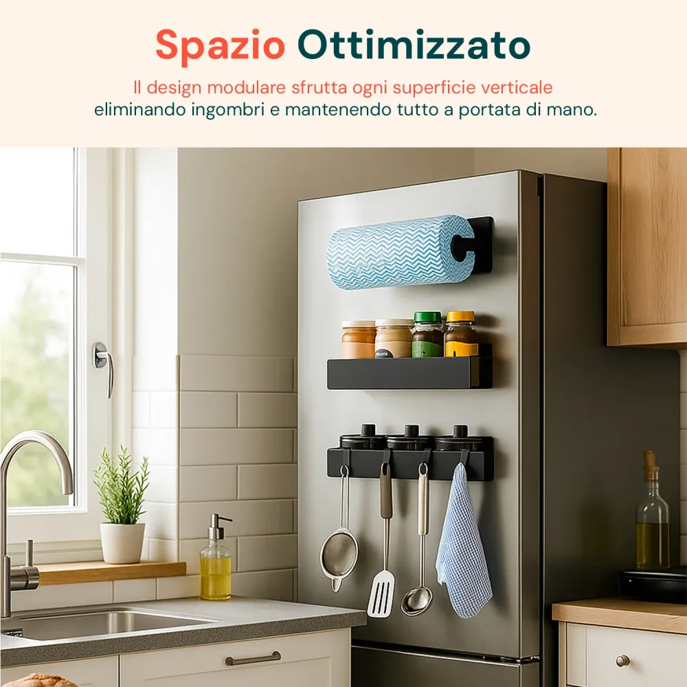 Organisation Optimisée Set 3 Organizer Magnetico Cucina: Porta Spezie, Barattoli e Porta Rotolo Senza Fori