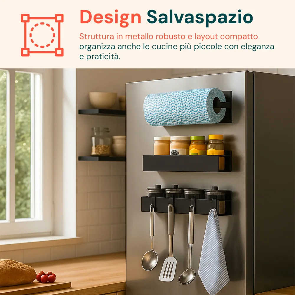 Organisation Optimisée Set 3 Organizer Magnetico Cucina: Porta Spezie, Barattoli e Porta Rotolo Senza Fori