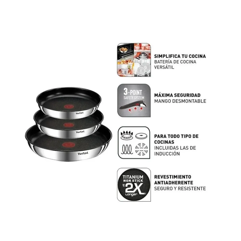 Set de 3 poêles et manche Ingenio Emotion Tefal 22, 24 et 28 cm Sécurité Renforcée