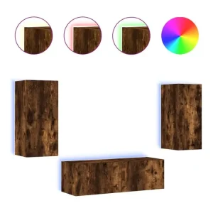 Meuble TV mural 3 pièces avec lumières LED chêne fumé Couleur Bleu Canard
