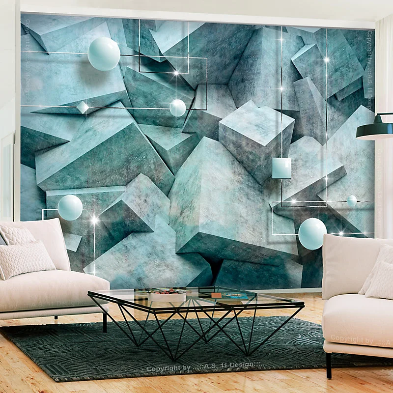 Papier peint intissé panoramique 3d et point de vue concrete cubes vert jade 300x210 cm
