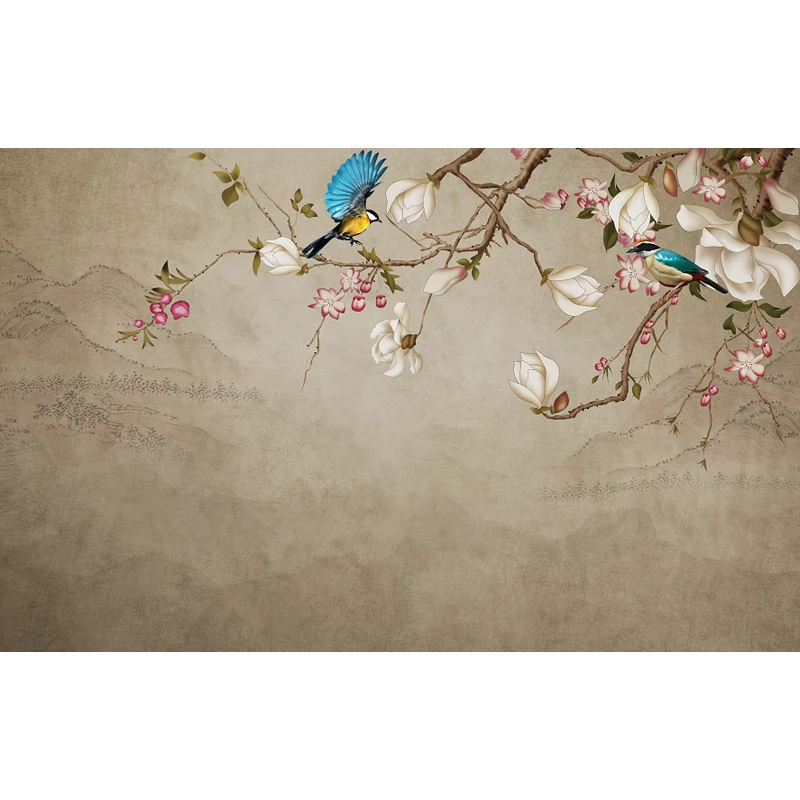 Papier peint mural chinois avec illustration personnalisée avec motif de pie et de fleurs, marron Largeur 53 cm