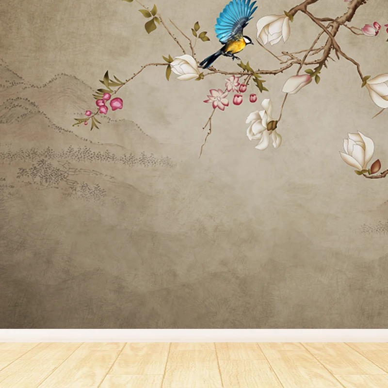 Papier peint mural chinois avec illustration personnalisée avec motif de pie et de fleurs, marron Largeur 53 cm