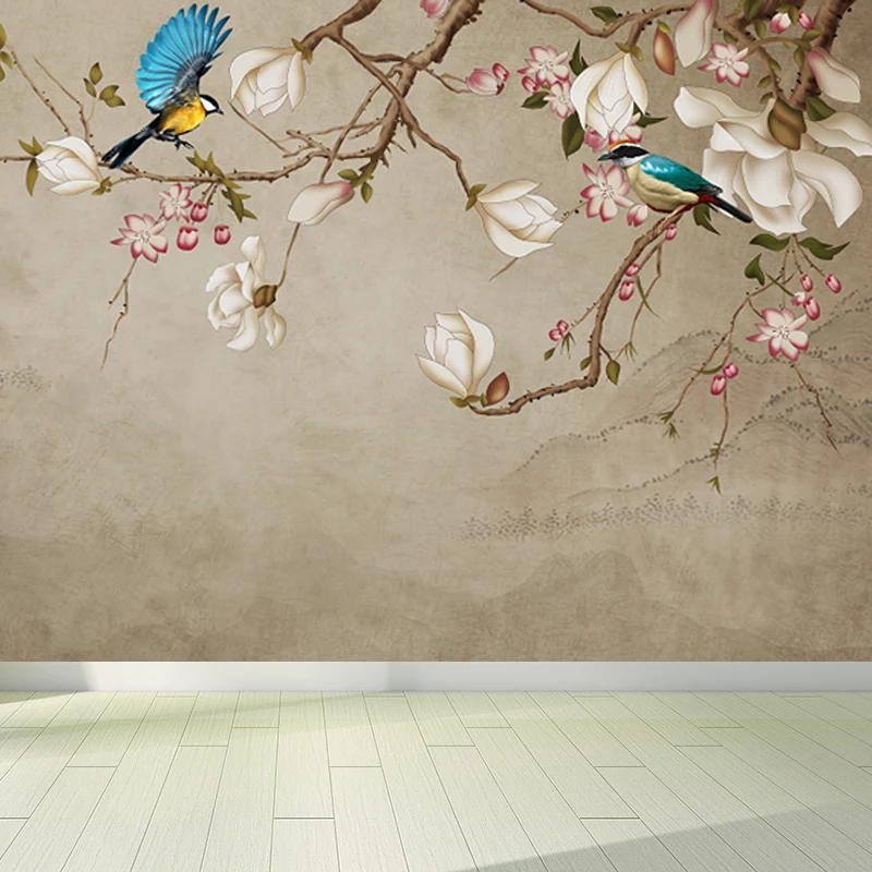 Papier peint mural chinois avec illustration personnalisée avec motif de pie et de fleurs, marron Largeur 53 cm