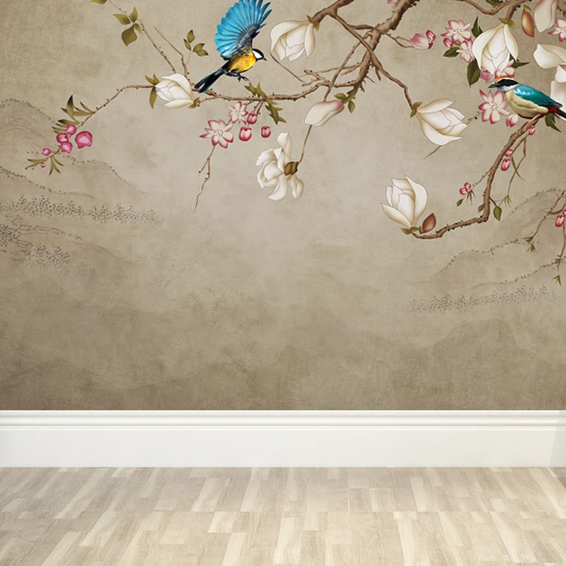 Papier peint mural chinois avec illustration personnalisée avec motif de pie et de fleurs, marron Largeur 53 cm