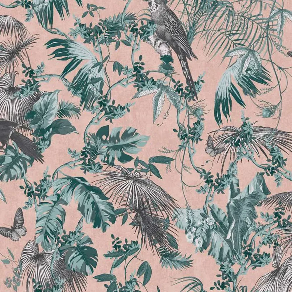 Rouleau à encoller DUTCH WALLCOVERINGS Papier peint Feuilles et oiseaux Vert et rose