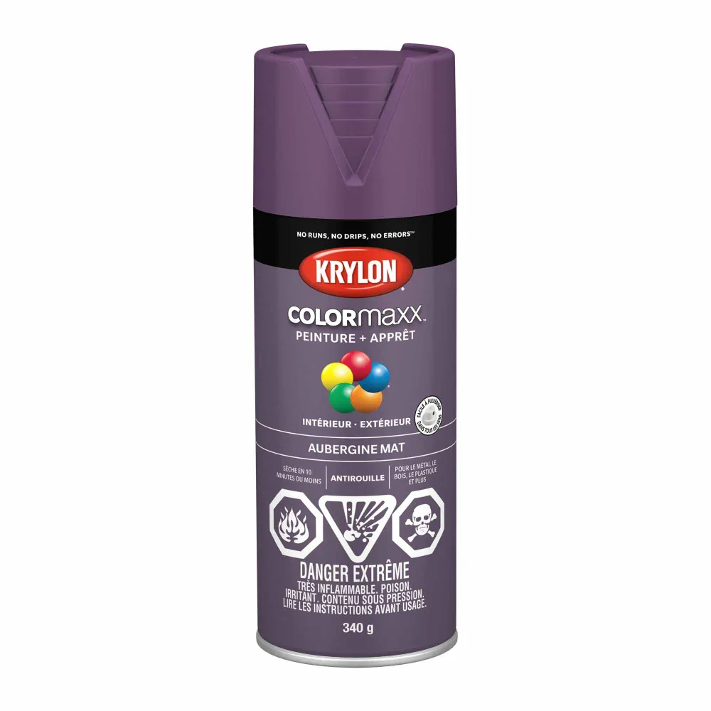 Krylon érosol COLORMAXX peinture + apprêt aubergine mat, 340 g en pot de 2.5 litres