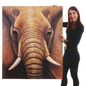 Tableau peinture à huile, éléphant, peint à la main à 100%, toile de décoration murale XL - 120x100cm