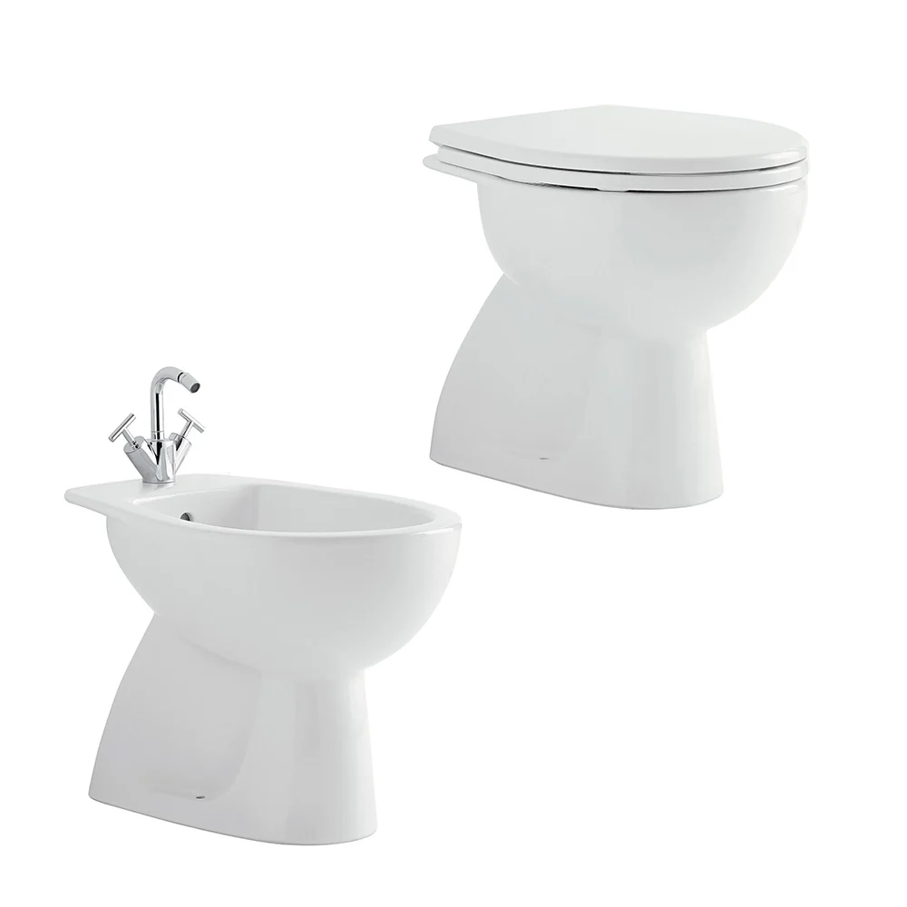 Sanitaires espacés du mur avec évacuation au sol WC+bidet + siège normal close Geberit 'Colibrì 2' cm 53