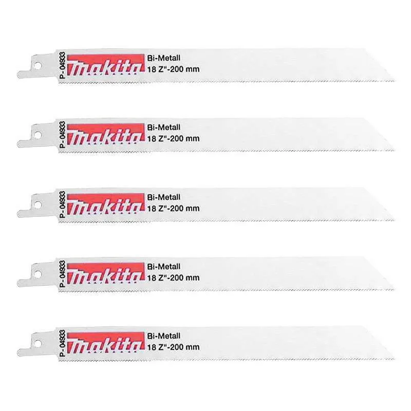 Lot de 5 lames de scie sabre MAKITA B-16782 Bi-Métal adaptable pour acier et Inox (1,5 à 2,5 mm) 200 mm pour Travail du Bois
