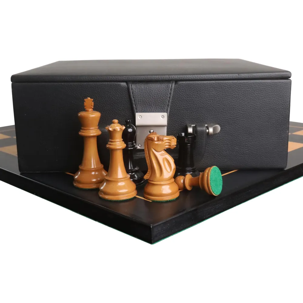 Ensemble combiné d'échecs Lessing Staunton 3,9 pouces - Pièces en bois d'ébène et buis laqué vieilli avec échiquier et boîte