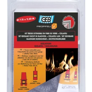 Kit complet GEB Tresse ronde 2,5m Ø 7 à 8mm en fibre de verre + Colle réfractaire Collafeu 20 ml