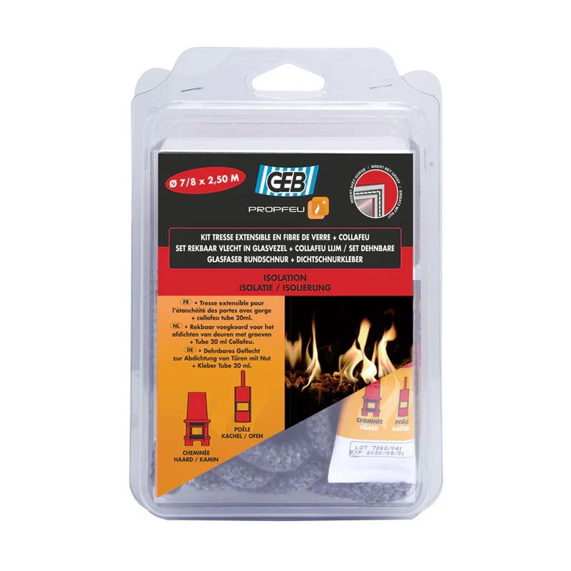 Kit entier GEB Tresse ronde 2,5m Ø 7 à 8mm en fibre de verre + Colle réfractaire Collafeu 20 ml