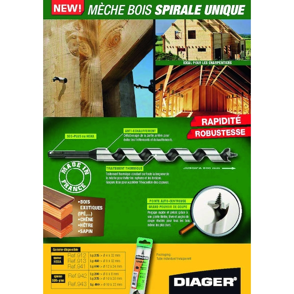 Mèche à bois spiralée attachement hexagonal 30x460mm ref.913 - DIAGER