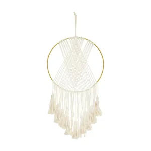 Déco murale en macramé blanc et métal doré 36 x 77 cm en acier inoxydable