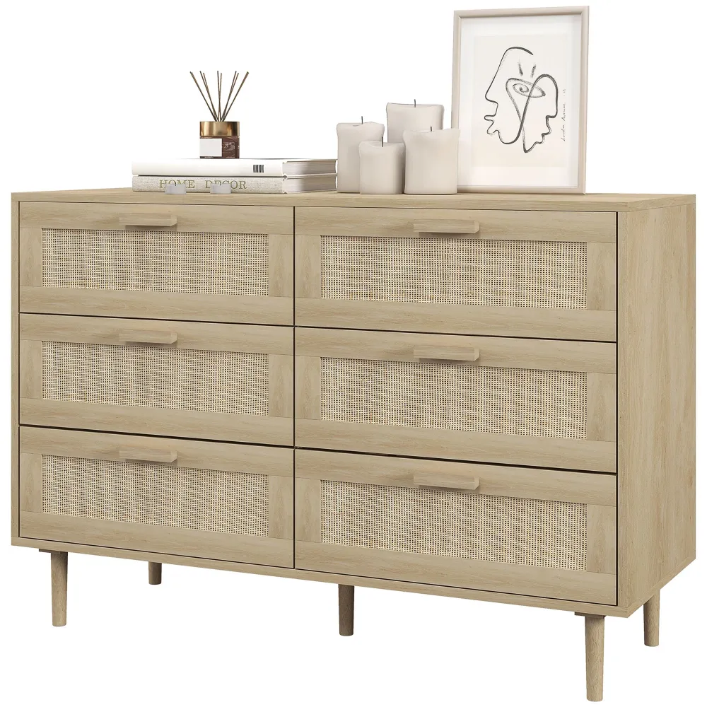 Commode 6 tiroirs meuble de rangement avec tissage en rotin tamisé. 110L x 40l x 75H cm Aspect Bois Clair