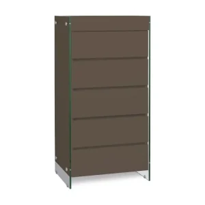 Inox A2 Meuble de rangement 5 tiroirs bois laqué marron et pieds verre trempé Dyn