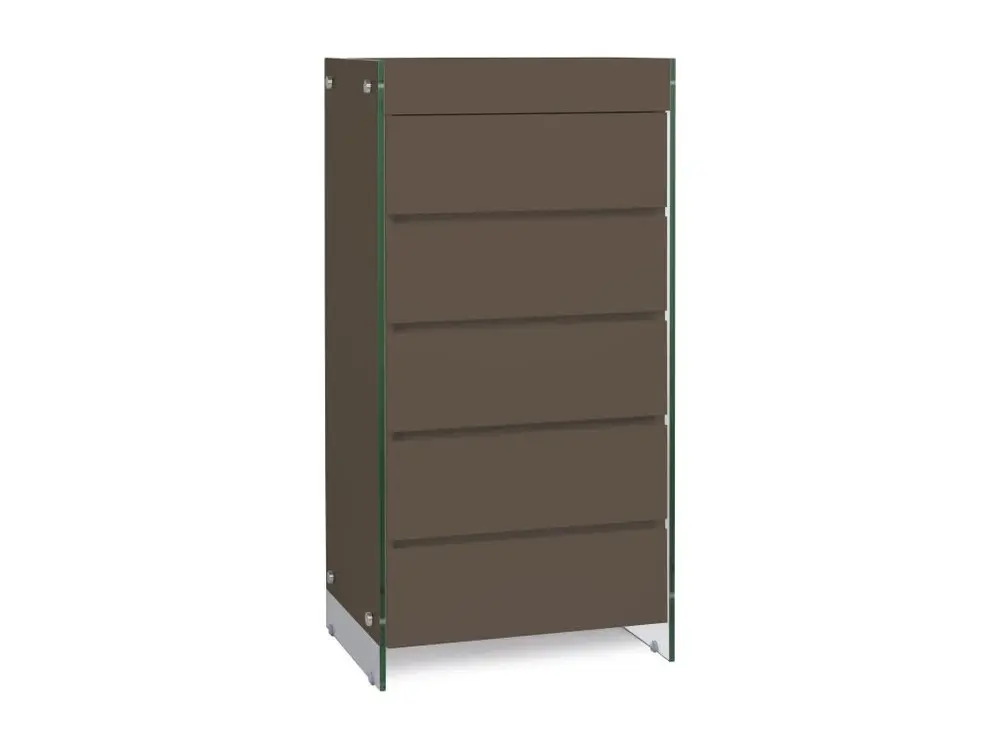 Inox A2 Meuble de rangement 5 tiroirs bois laqué marron et pieds verre trempé Dyn