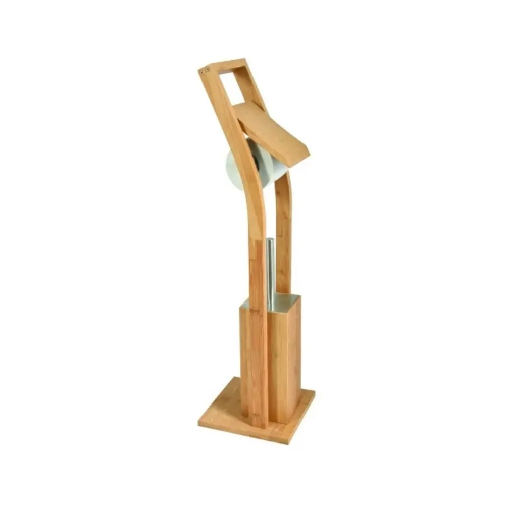 Barre de douche Lampadaire de salle de bain avec porte-rouleau de papier toilette et brosse WC en bambou
